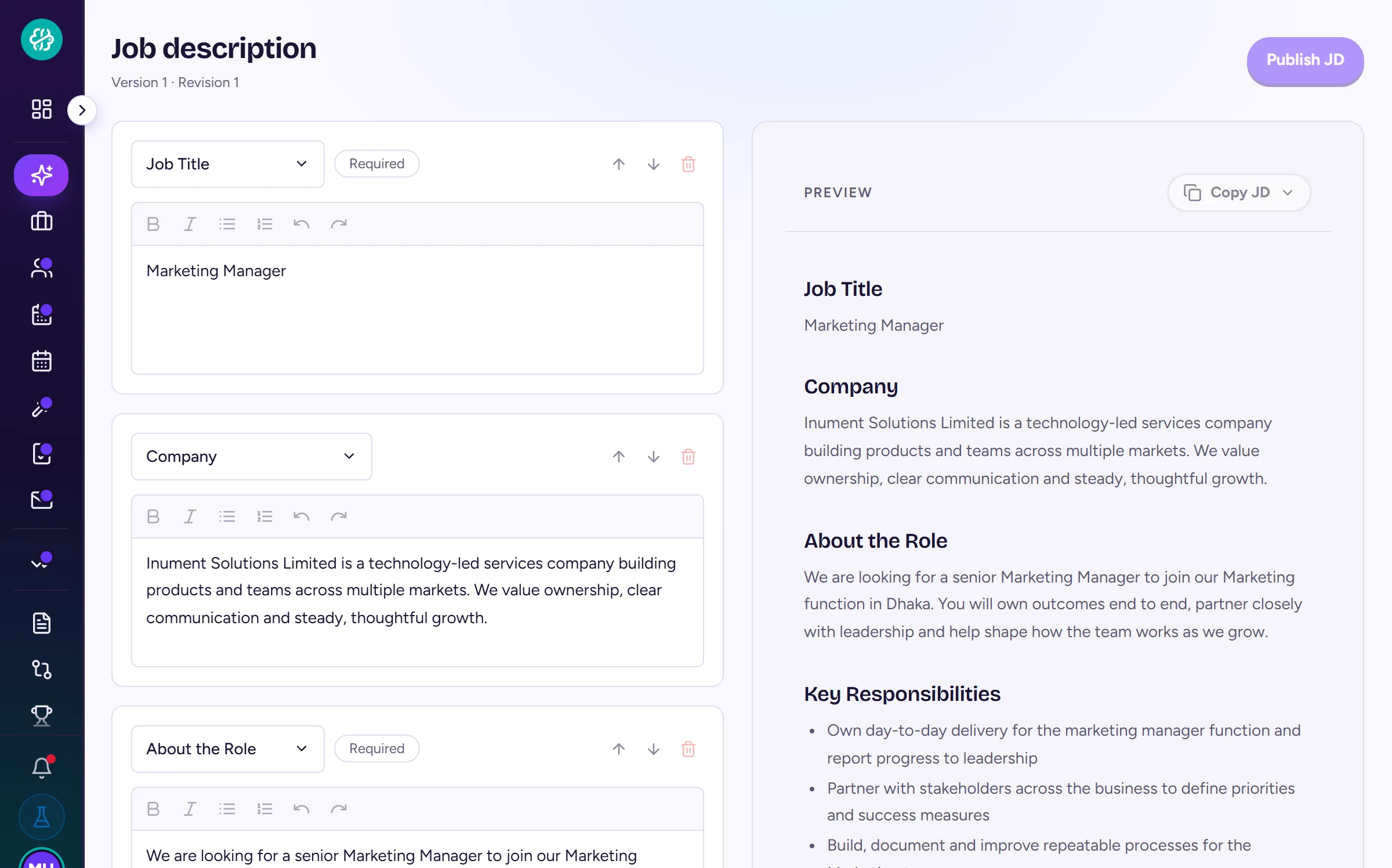 Beacon: a generated job description with section editor and live preview