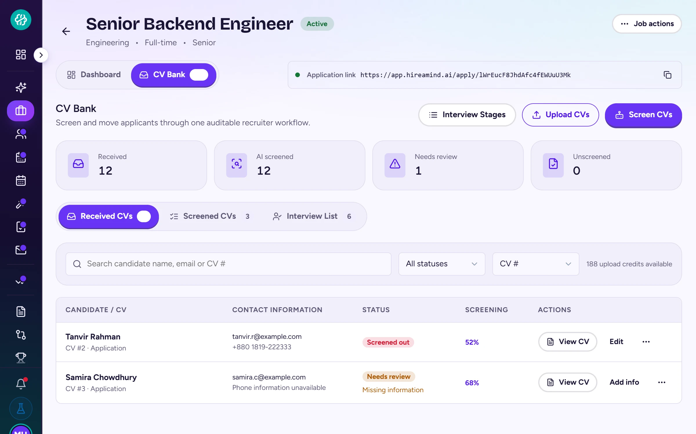 Sift: a job's CV Bank after AI screening, with each CV's status and screening score