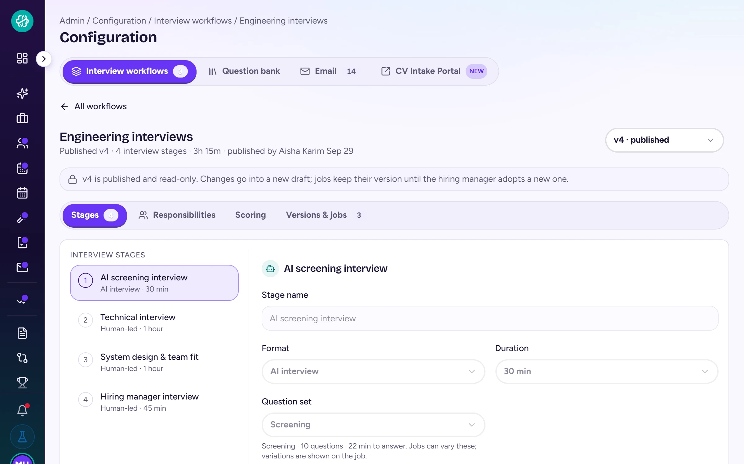 Interview workflow builder with four stages, formats and criteria weights