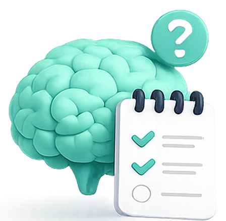 3D illustration of a brain with checklist and question mark